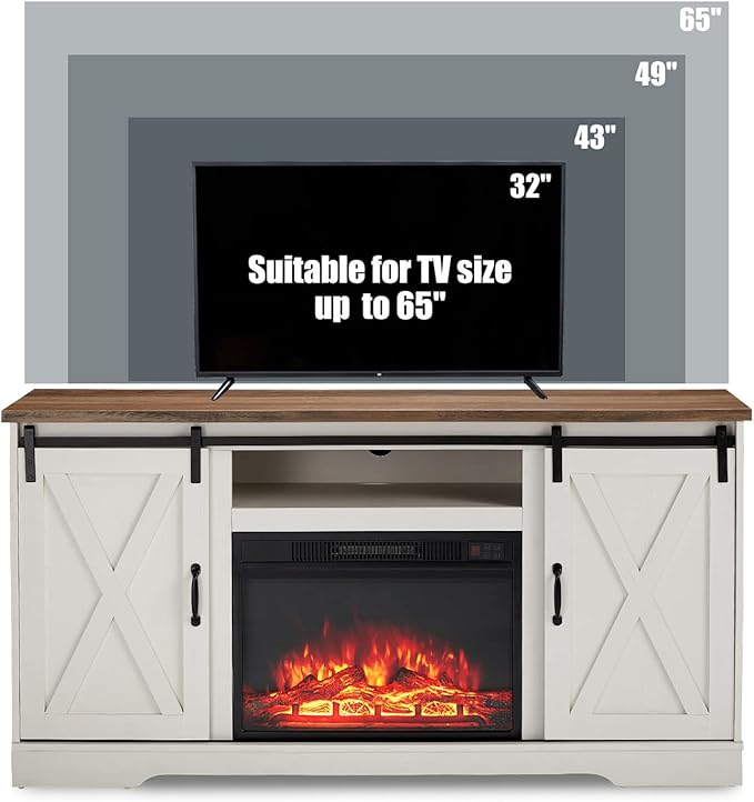 Fireplace TV Stand with Sliding Barn Door for TVs up to 65", Farmhouse 59" Fireplace Entertainment Center with Storage Cabinets/Adjustable Shelves, Distressed White & Barnwood
