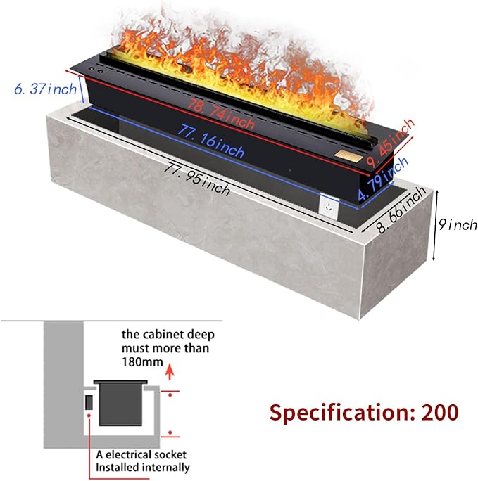 78.74 Inch APP RGB 3D Charcoal Water Vapor Fireplace Atomizing Fireplace Recessed Electric Fireplace Remote Control with Timer Touch Simulation Flame Touch Flame Multiple Colors