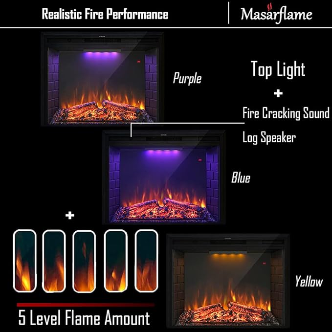 50'' Electric Fireplace Insert, Retro Recessed Fireplace Heater with Fire Cracking Sound, Remote Control & Timer, 750/1500W, Black