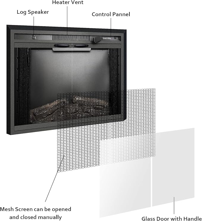 Benrocks 50'' Electric Fireplace Inserts with Glass Door, Recessed Wall Electric Fireplace Heater with Fire Crackling Sound, Adjustable Top Light & Flame Speed, Overheating Protection, 750/1500W Black