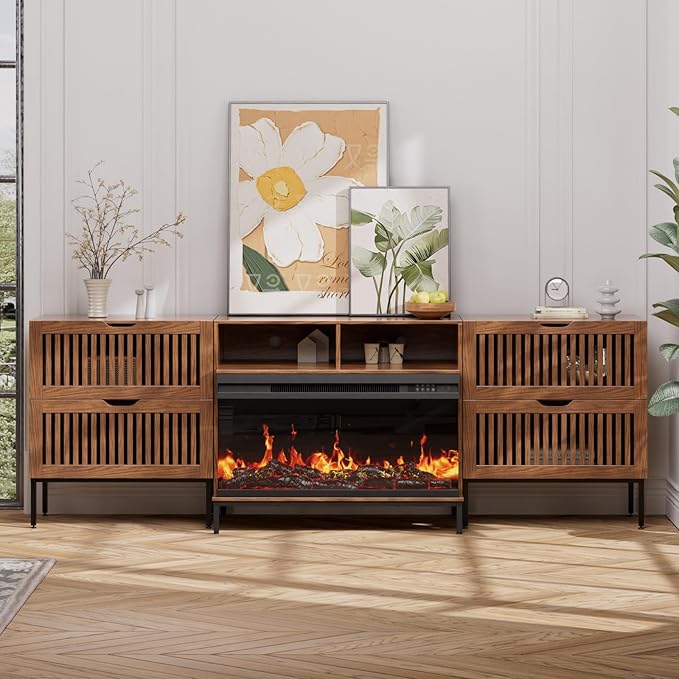 3-Sided Glass Farmhouse Fireplace TV Stand for TVs Up to 100 Inch, Entertainment Center with 36" Electric Fireplace, 4 Drawers Storage,Brown