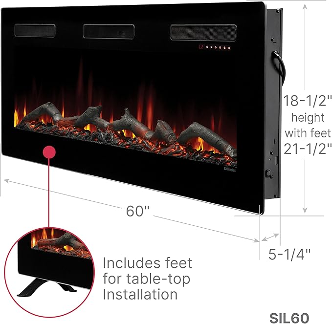 Dimplex Sierra Electric Fireplace Heater, 60" Inch, Black, 1400W - Wall Mounted Linear Fireplace with Realistic Flames, Adjustable Ember Bed, Remote Control - Thin Fireplace for Living Room, Bedroom