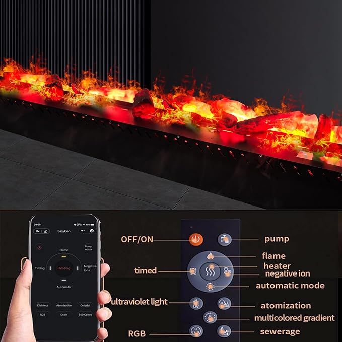 78.74 Inch APP RGB 3D Charcoal Water Vapor Fireplace Atomizing Fireplace Recessed Electric Fireplace Remote Control with Timer Touch Simulation Flame Touch Flame Multiple Colors