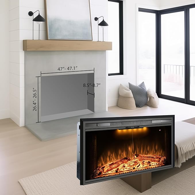Benrocks 50'' Electric Fireplace Inserts with Glass Door, Recessed Wall Electric Fireplace Heater with Fire Crackling Sound, Adjustable Top Light & Flame Speed, Overheating Protection, 750/1500W Black