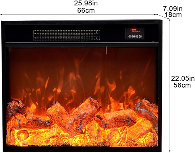 Fireplace Grate 25.9"×7.1"×22.0" Electric Fireplace Heater Dynamic Flame Effect Recessed Electric Fireplace 1500W Black Metal Frame Room Heater with Remote Control Fireplaces for Living Room