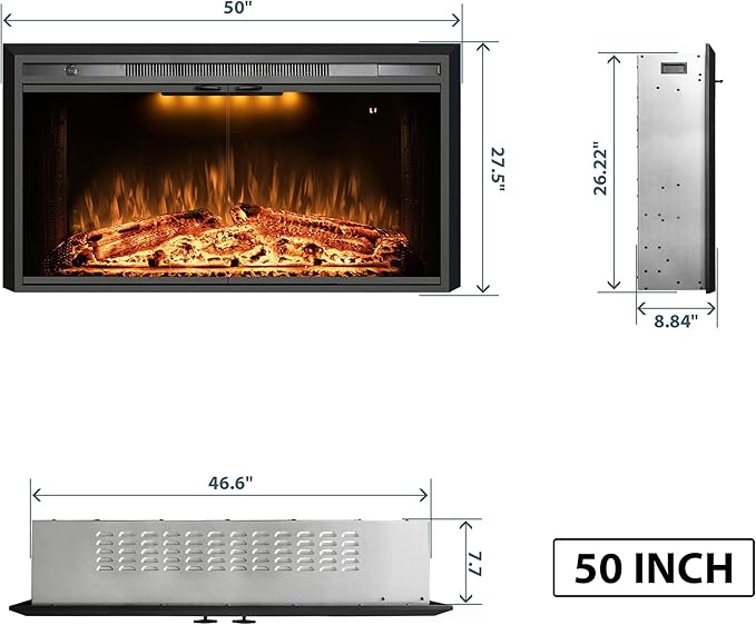 Benrocks 50'' Electric Fireplace Inserts with Glass Door, Recessed Wall Electric Fireplace Heater with Fire Crackling Sound, Adjustable Top Light & Flame Speed, Overheating Protection, 750/1500W Black