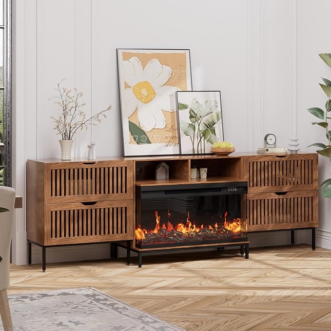 3-Sided Glass Farmhouse Fireplace TV Stand for TVs Up to 100 Inch, Entertainment Center with 36" Electric Fireplace, 4 Drawers Storage,Brown