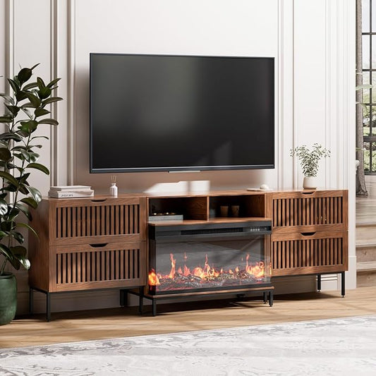 3-Sided Glass Farmhouse Fireplace TV Stand for TVs Up to 100 Inch, Entertainment Center with 36" Electric Fireplace, 4 Drawers Storage,Brown