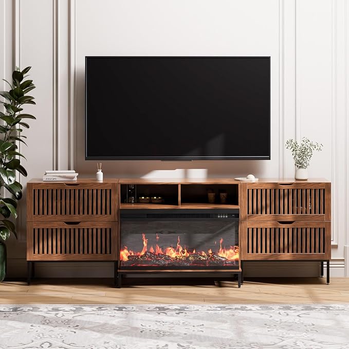 3-Sided Glass Farmhouse Fireplace TV Stand for TVs Up to 100 Inch, Entertainment Center with 36" Electric Fireplace, 4 Drawers Storage,Brown