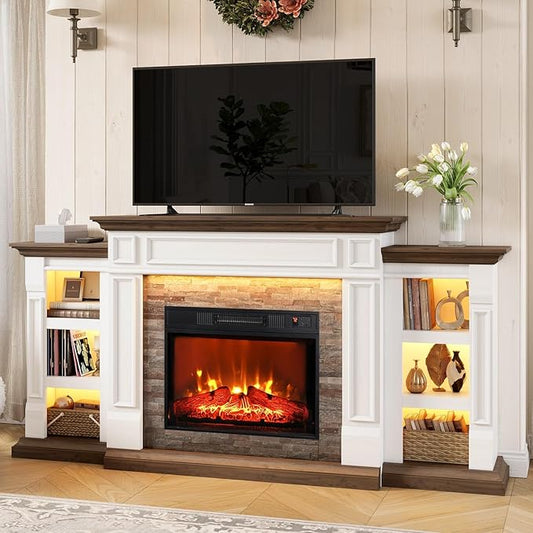70" Electric Fireplace with Mantel and Cabinets, Fireplace TV Stand for Living Room Bedroom, LED Light, Stacked Stone Surround and Remote Control 3D Realistic Flame