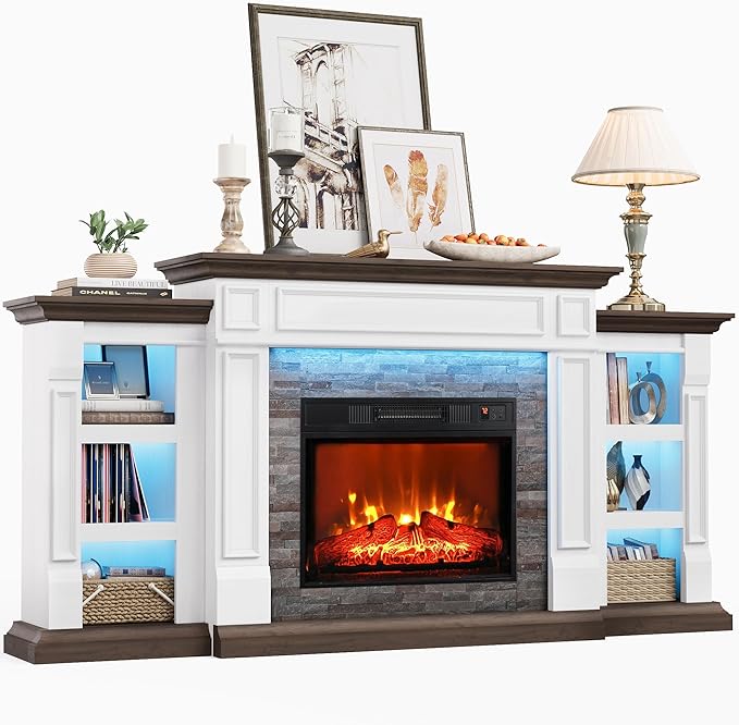 70" Electric Fireplace with Mantel and Cabinets, Fireplace TV Stand for Living Room Bedroom, LED Light, Stacked Stone Surround and Remote Control 3D Realistic Flame