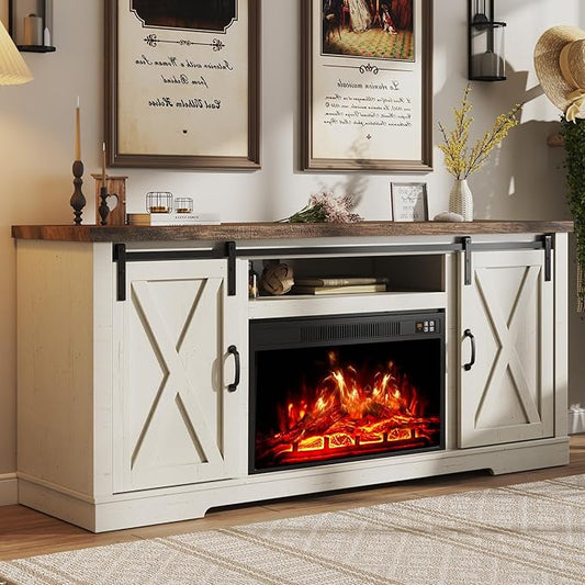 Fireplace TV Stand with Sliding Barn Door for TVs up to 65", Farmhouse 59" Fireplace Entertainment Center with Storage Cabinets/Adjustable Shelves, Distressed White & Barnwood