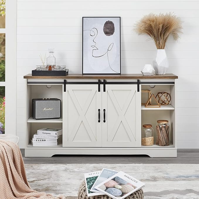 Fireplace TV Stand with Sliding Barn Door for TVs up to 65", Farmhouse 59" Fireplace Entertainment Center with Storage Cabinets/Adjustable Shelves, Distressed White & Barnwood