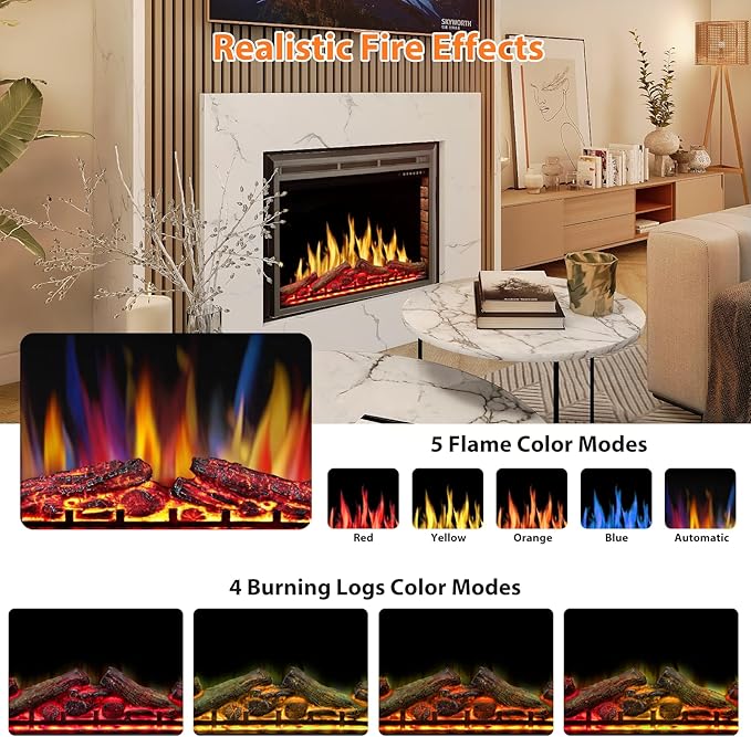 ZAFRO 36” Electric Fireplace Insert, Electric Heater with Time Control, 5 Flame Color& 4 Log Colors, 2 Ways of Control, with Overheating Safety System, 750W- 1500W