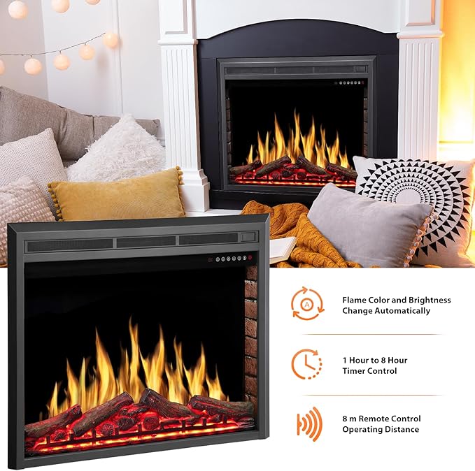 ZAFRO 36” Electric Fireplace Insert, Electric Heater with Time Control, 5 Flame Color& 4 Log Colors, 2 Ways of Control, with Overheating Safety System, 750W- 1500W